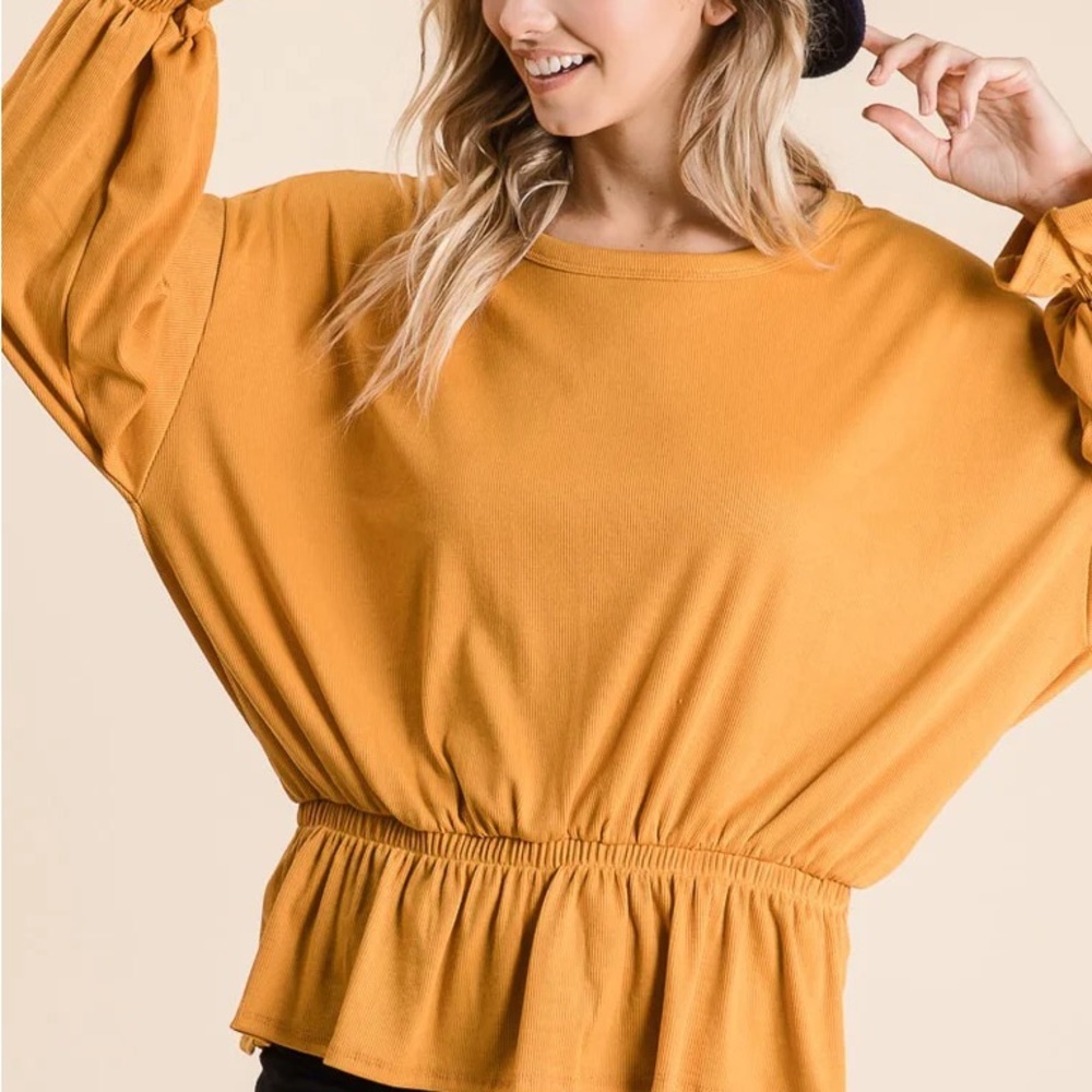 Boutique: BiBi Mustard Peplum Blouse golden rod